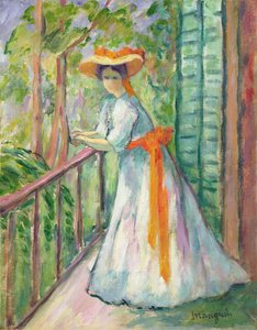 Femme sur un balcon, ou Jeanne avec un ruban orange
