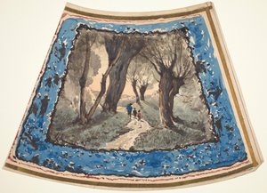 Voyageurs sur un chemin boisé avec une bordure de figures fantaisistes et de singes - Henri-Joseph Harpignies