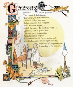 Lettre G Générosité - Gendarme Grue Guêpe Godets Giroflée Gourde Grenouille - Gravure dans "Alphabet des bons exemples" - Jules Levy, éditeur - Illustrations de Henri Boulanger, alias Henri Gray (1858-1924). Textes (poèmes) de Mme P. Boulanger