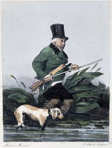 Homme chassant avec son chien : "Chacun prend son plaisir où il le trouve" - dans "Les passe-temps" par Henri Monnier, éd. Delpech, Paris