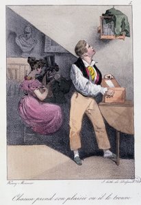 Homme qui élève des oiseaux pendant que sa femme le trompe : « Chacun prend son plaisir où il le trouve » - dans « Les pastemps » par Henry Monnier, éd. Delpech, Paris, v.1830