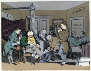 Dix heures : lecture des journaux, déjeuners, taille des plumes - dans "Mœurs administratives" par Henri Monnier