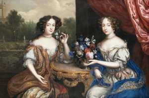 Double portrait de Lady Maria Somalia et Lady Anne Barrington, assises trois-quarts de longueur à une table avec un vase de fleurs
