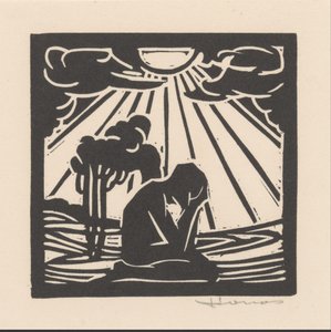 Figure agenouillée dans un paysage avec des arbres
