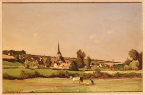 Paysage Étendu avec un Laboureur et un Village au Loin - Henri Joseph Harpignies