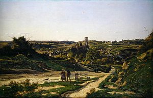 Le château et le village de Hérisson - Henri Joseph Harpignies