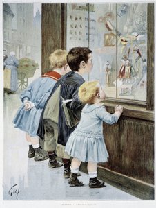 La Tentation : Enfants devant une vitrine regardant des jouets - ill. par Geoffroy, dans « Figaro illustré »