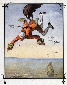 Lemuel Gulliver est emporté par un aigle. Illustration pour « Les Voyages de Gulliver » par Jonathan Swift