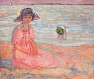 Femme à la robe rose au bord de la mer, vers 1920