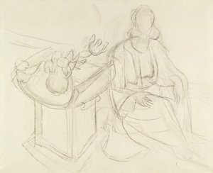 Femme assise - Nature morte avec fleurs sur table (fusain sur toile) - Henri Matisse