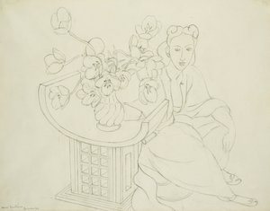 Femme assise avec un vase de tulipes