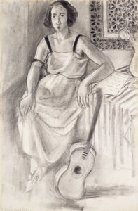 Femme assise avec une guitare, vers 1921-23 (fusain sur papier)