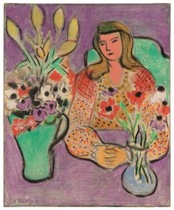 Jeune femme avec anémones sur fond violet