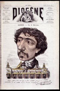 Caricature de Charles Garnier, assis sur son œuvre, l