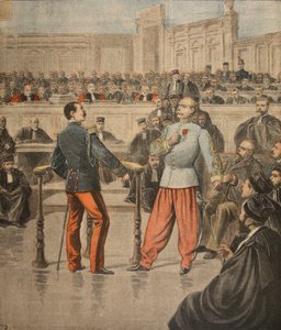 Le colonel Henry et le lieutenant-colonel Picquart parlant devant la Cour d