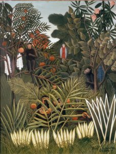 Paysage exotique avec singes et un perroquet
