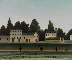 Paysage et quatre pêcheurs à la ligne