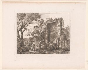 Groupe dans un paysage avec des ruines