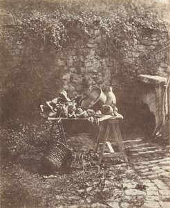 [Nature morte: Chaudron, cruche et légumes sur une table à tréteaux] - Henri Victor Regnault
