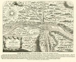 Plan de la ville romaine de Lutetia, site du Paris moderne (gravure)