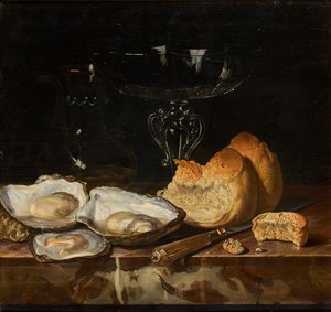 Nature morte avec huîtres, pain et verre de vin vénitien, 1661 - Henri de Fromantiou