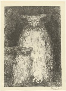 Chouette avec deux chouettes assises sur une branche (Étude de trois chouettes, L