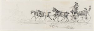 Carrosse tiré par des chevaux précédé d
