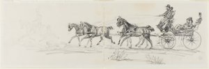 Carrosse tiré par des chevaux précédé d