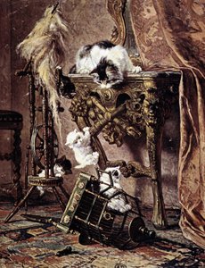 Un chat regarde ses chatons jouer - par Henriette Ronner