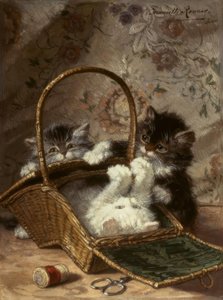 Jeunes chats avec un panier à couture