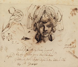 Mme Fuseli portant une coiffe élaborée et études d