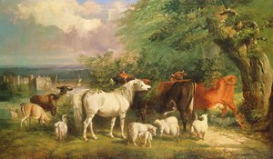 Haddon Hall avec moutons, bovins, un cerf et un poney