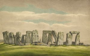 Stonehenge du N.O., montrant des ruines avec un homme et un chien, 1824-1839
