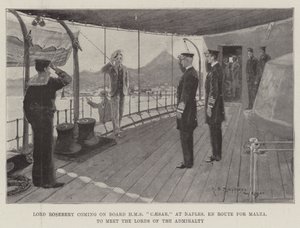Lord Rosebery montant à bord du HMS Caesar, à Naples, en route pour Malte, pour rencontrer les Lords de l