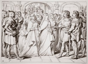 Alftruda reconnaît Hereward, illustration de Hereward the Great par Charles Kingsley, pub. 1870, gravé par C.G. Lewis - Henry Courtney Selous