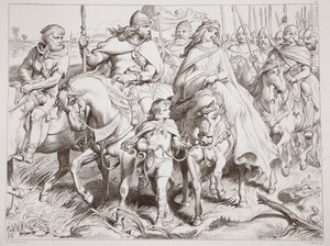 Hereward protège Alftruda vers un lieu sûr, illustration de Hereward the Great par Charles Kingsley, pub. 1870, gravée par C.G. Lewis - Henry Courtney Selous