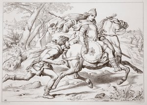 Comment Martin Lightfoot rattrape Hereward, illustration de Hereward the Great par Charles Kingsley, pub. 1870, gravée par C.G. Lewis - Henry Courtney Selous
