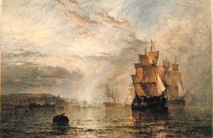 Navires calmes dans un estuaire au soir