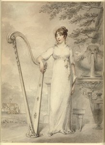 Portrait en pied de "Mlle V. Dupuis" appuyée sur une harpe. En arrière-plan une fontaine et un paysage avec des cerfs