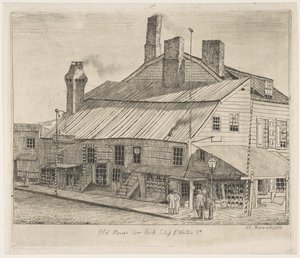 Vieille maison, coin de Peck Slip et Water Street de Scènes du vieux New York, 1870