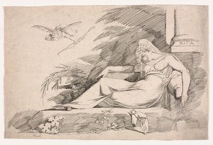Femme endormie avec un Cupidon