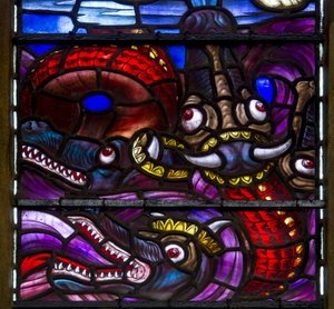 Yeovil, St John The Baptist, Lowndes & Drury, Henry Holiday, Les Dragons (détail), 1917-18