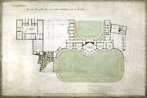 Brighthelmstone, ou Pavillon de Brighton - plan général de la maison et des écuries avec terrains, montrant l