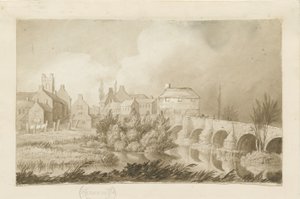 Pont et ville de Burton-upon-Trent : dessin sépia - Henry James Noyes