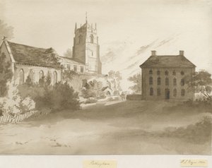 Église de Pattingham et Presbytère : dessin au lavis sépia, 1844 - Henry James Noyes