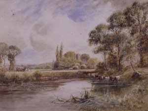 Paysage avec prairies et bétail buvant - Henry John Kinnaird