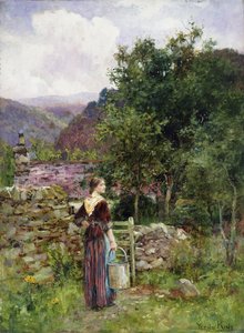 Jeune fille debout devant un cottage tenant un seau - Henry John Yeend King