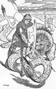 Perceval combattant le serpent Illustration par HJ Ford (1860-1940) de « Le livre de la romance » 1902 Collection privée