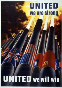 Unis, nous sommes forts. UNITED we will win" Affiche américaine de la Seconde Guerre mondiale avec des canons, tous tirant des obus vers le ciel. - Henry Koerner