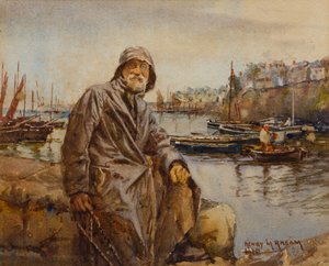 Pêcheur sur le mur du port de Newlyn, 1920